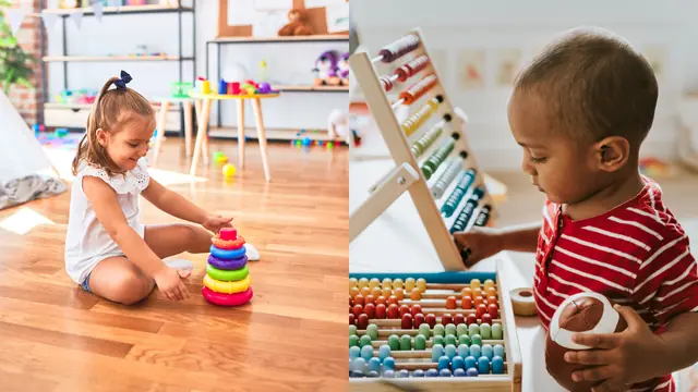 Menina brincando com argolas coloridas no chão e menino brincando com um ábaco de madeira em sala de educação infantil